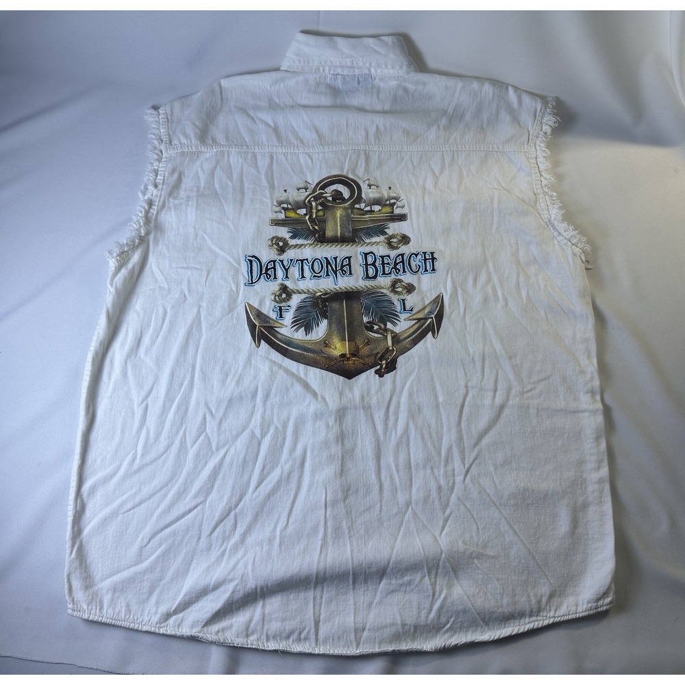 Biker Wear USA White‎ Sleeveless Button Down Shirt Daytona Beach Logo Size 2XL